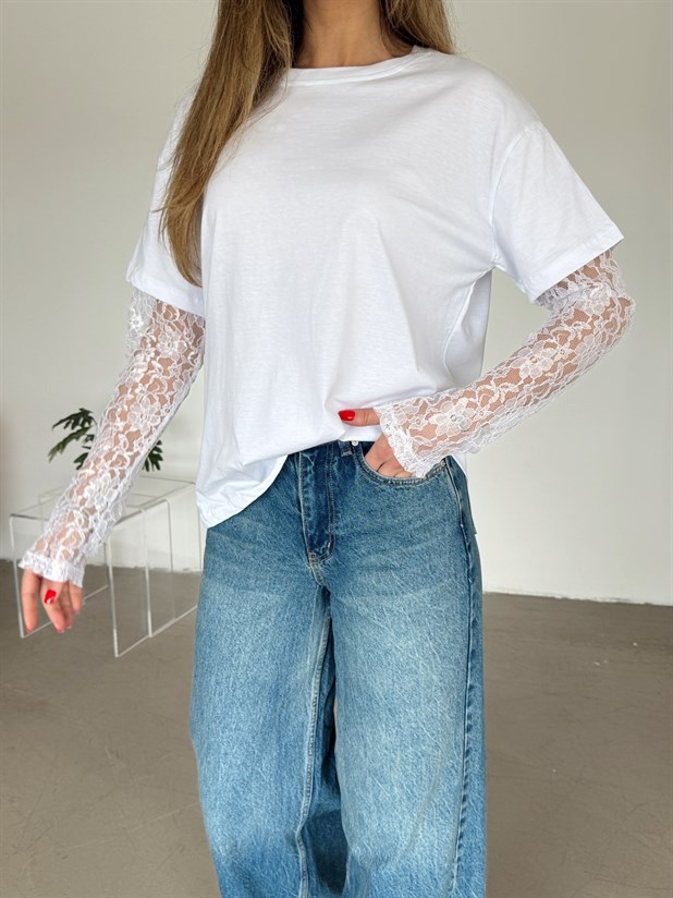 Dantel Kollu Basic T-shirt - Beyaz