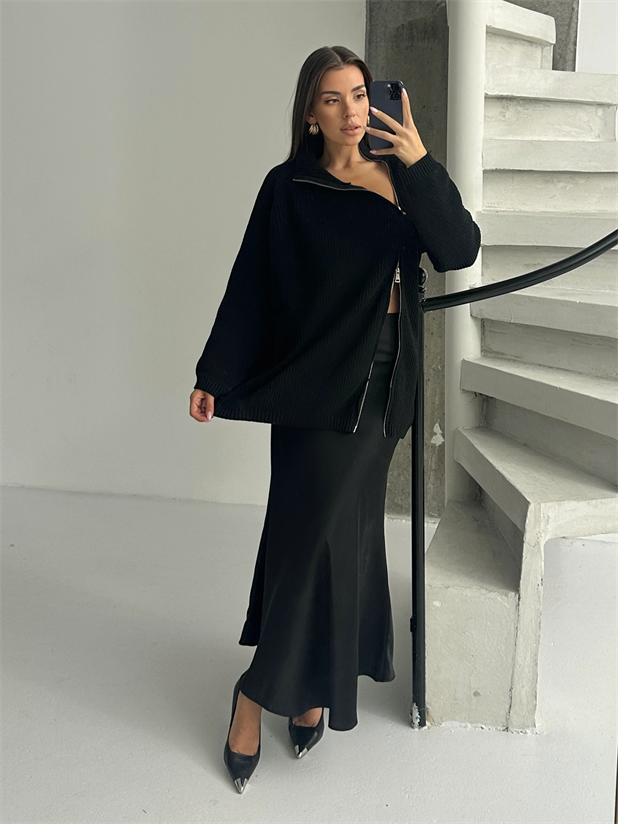 Saten Maxi Boy Etek - Siyah