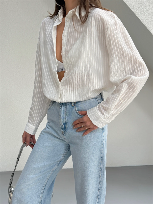 Çizgili Dokulu Gömlek - Ekru