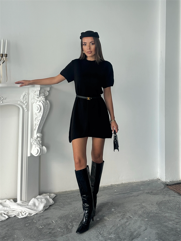 İnterlok Kumaş Kısa Kol Elbise - Siyah