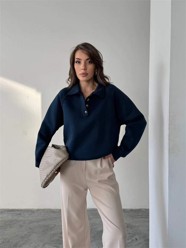 Polo Yaka Düğmeli Sweatshirt - Lacivert