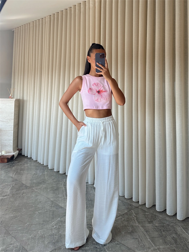 Astarlı Bol Paça Pantolon - Beyaz