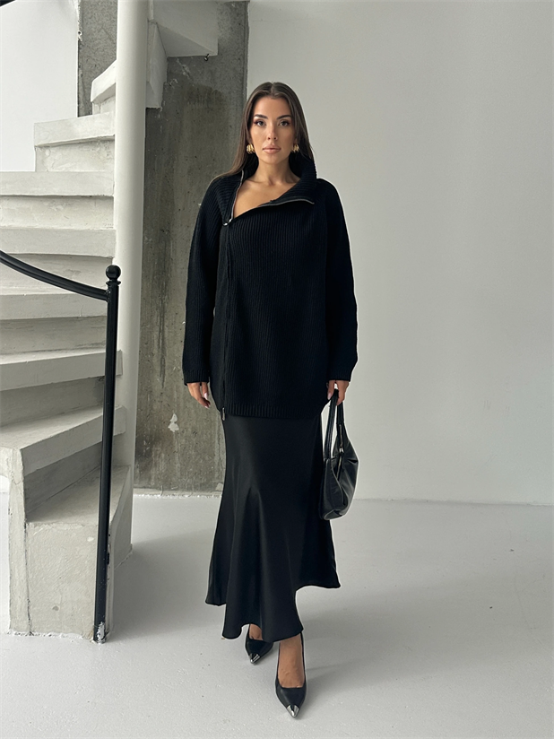 Saten Maxi Boy Etek - Siyah