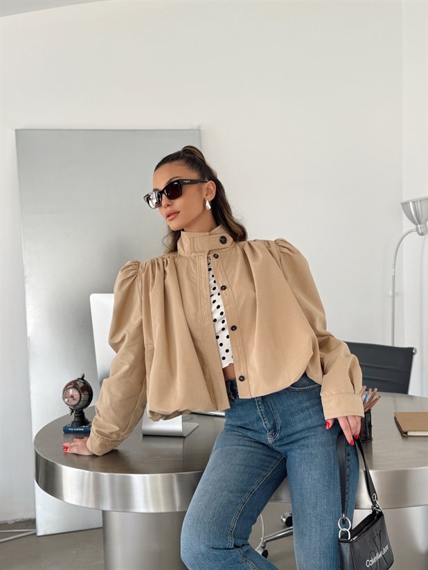 Vatkalı Crop Trençkot - Bej