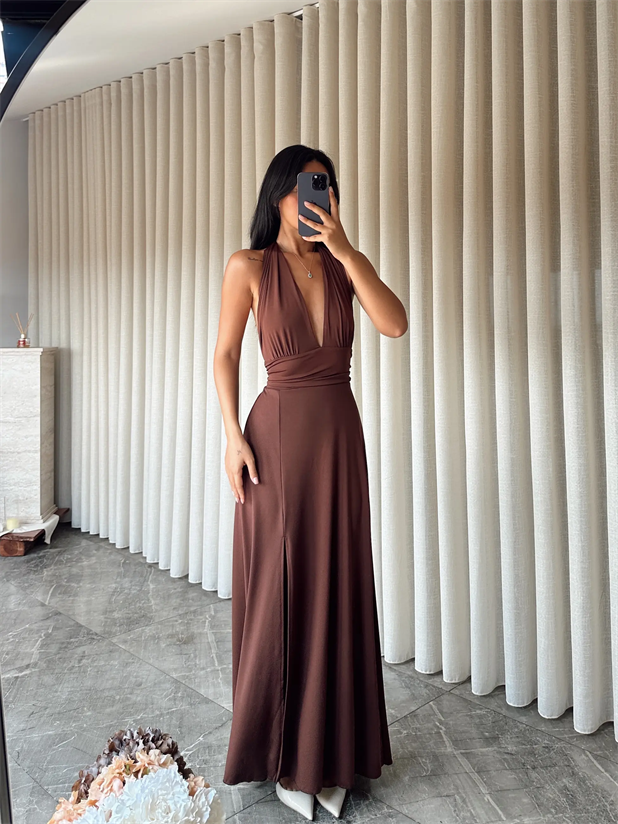 Bel Ve Boyun Bağlamalı Elbise - Kahve