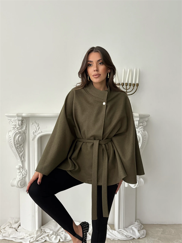 Kaşe Kuşaklı Pelerin Kaban - Haki