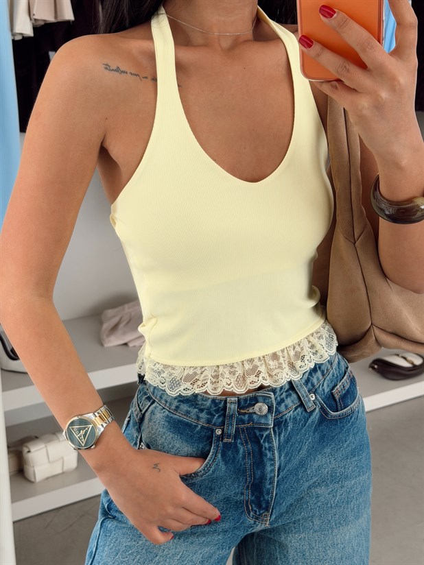 Etek Ucu Dantelli Crop - Sarı