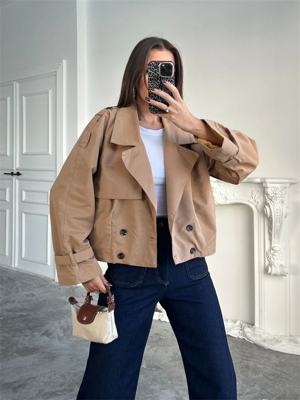 Dört Düğmeli Crop Trençkot - Camel