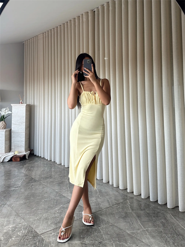 Göğüs Kulplu Askılı Elbise  - Sarı