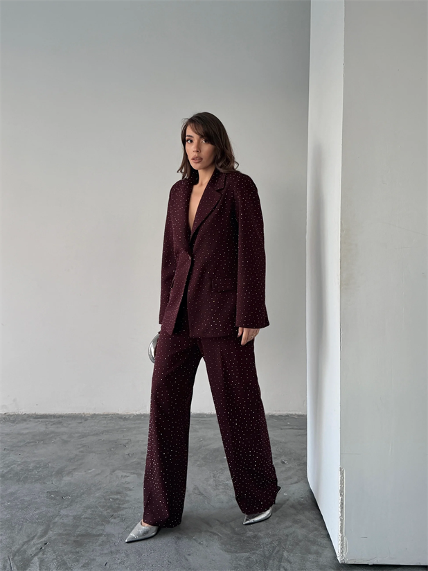 Premium Taş Detaylı Ceket Pantolon Takım  - Mürdüm