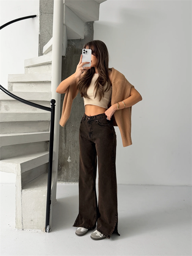 Paçası Yırtmaçlı Jean  - Kahve Yıkama