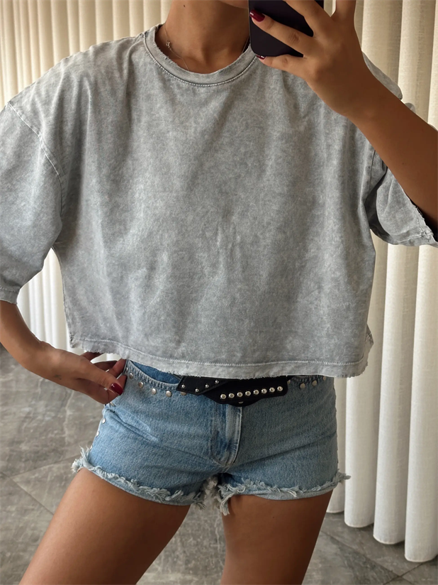 Yıkamalı Düz Crop Basic - Gri