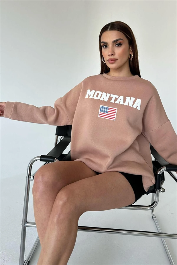 State Baskı Üç İplik Şardonlu Sweat Vizon - Vizon