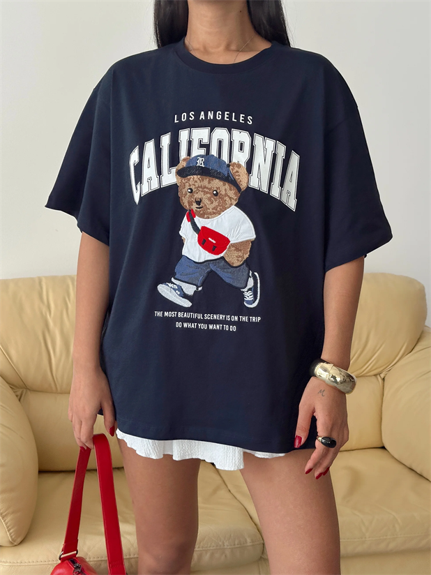 Oversize Bear Nakışlı T-shirt - Lacivert