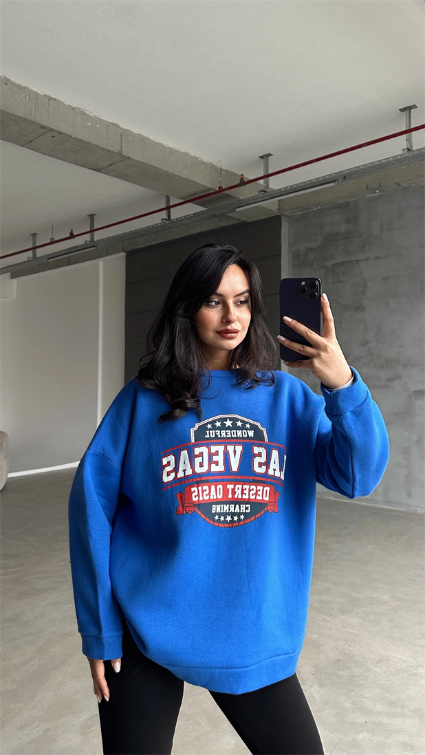 Las Vegas Üç İplik Oversize Sweat Saks Mavi - Mavi