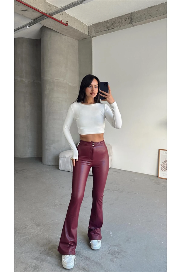 Çift Düğme Deri İspanyol Paça Pantolon Bordo - Bordo