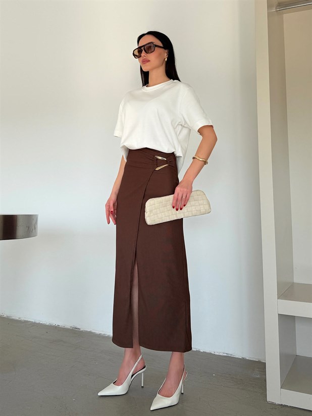 Yanı Toka Detaylı Midi Etek - Kahve