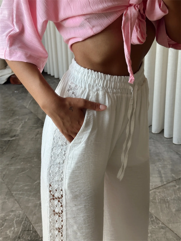 Dantel Detay Keten Pantolon   - Beyaz