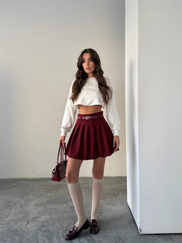 Kemerli Pileli Mini Etek - Bordo