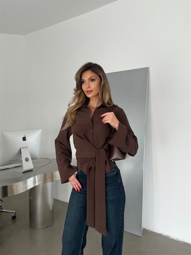 Önü Bağlamalı Gömlek - Kahve