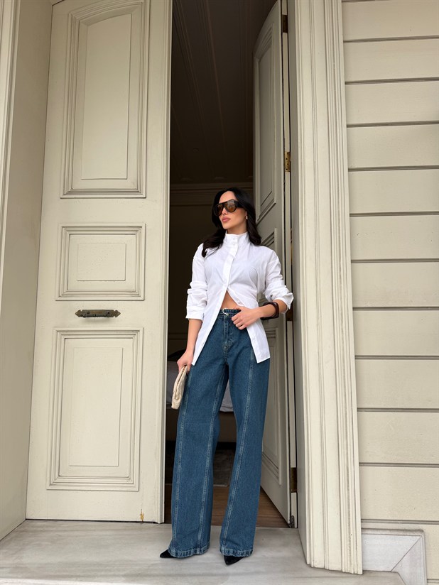 Kemerli Wide Leg Jean - Mavi