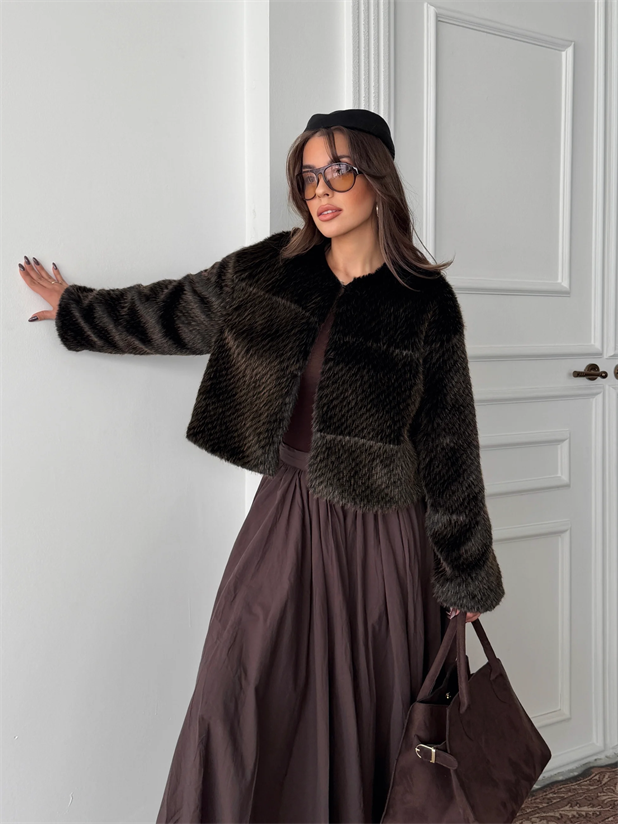 Premium Crop Kürk - Kahve Desenli