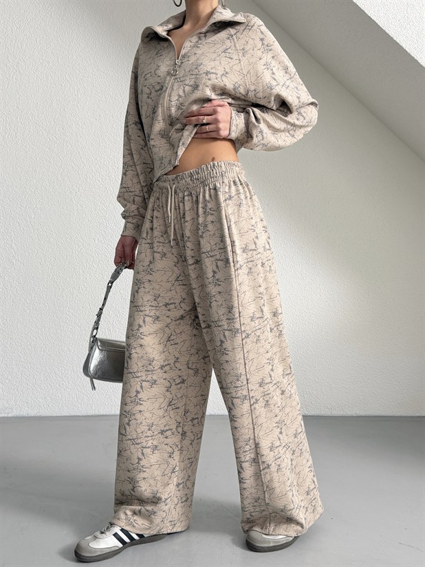 Fermuarlı Palazzo Takım - Vizon