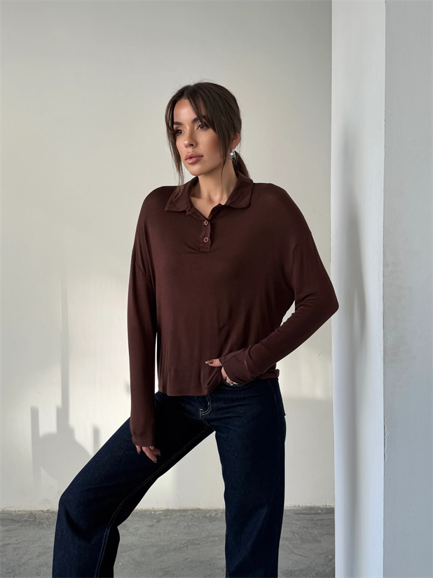 Polo Yaka Salaş Bluz - Kahve