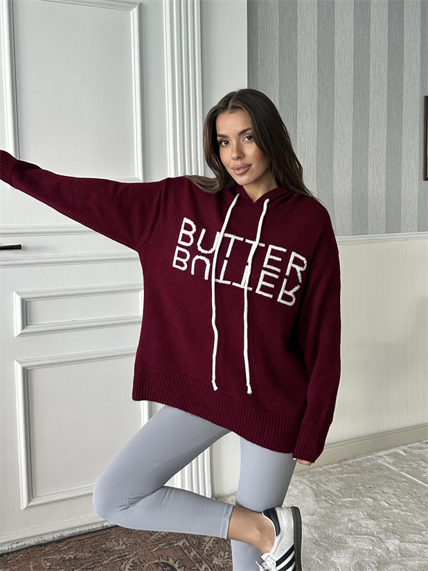 Kapüşonlu Butter Triko Kazak - Bordo