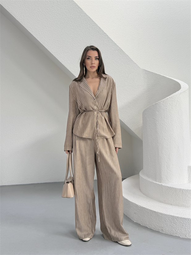 Astarsız Çizgili Ceket Pantolon Takım - Vizon