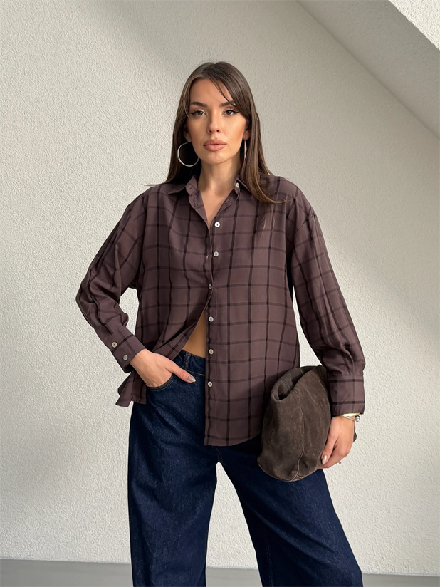 Kare Desenli Gömlek - Kahve