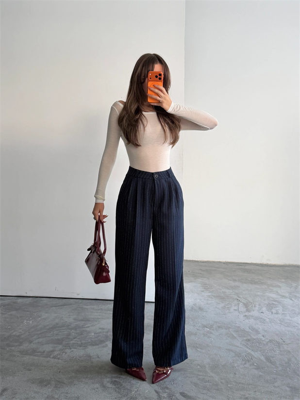 Yünefekt Çizgili Palazzo - Lacivert