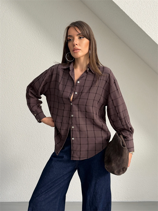 Kare Desenli Gömlek - Kahve