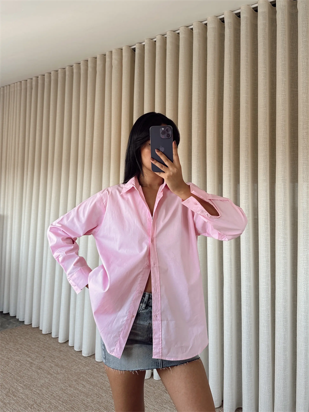 Düz Oversize Gömlek - Pembe