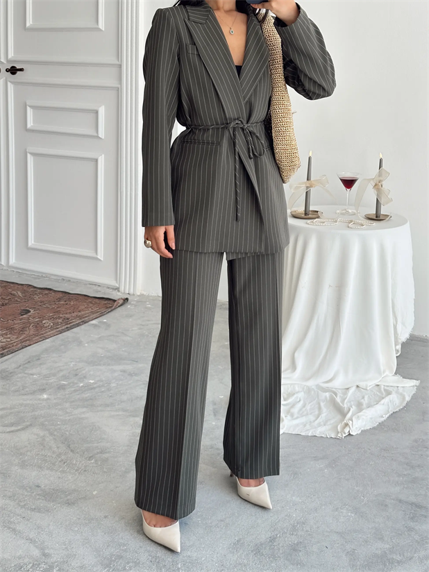 Bel Bağlama Line Blazer Ceket - Haki Yeşil