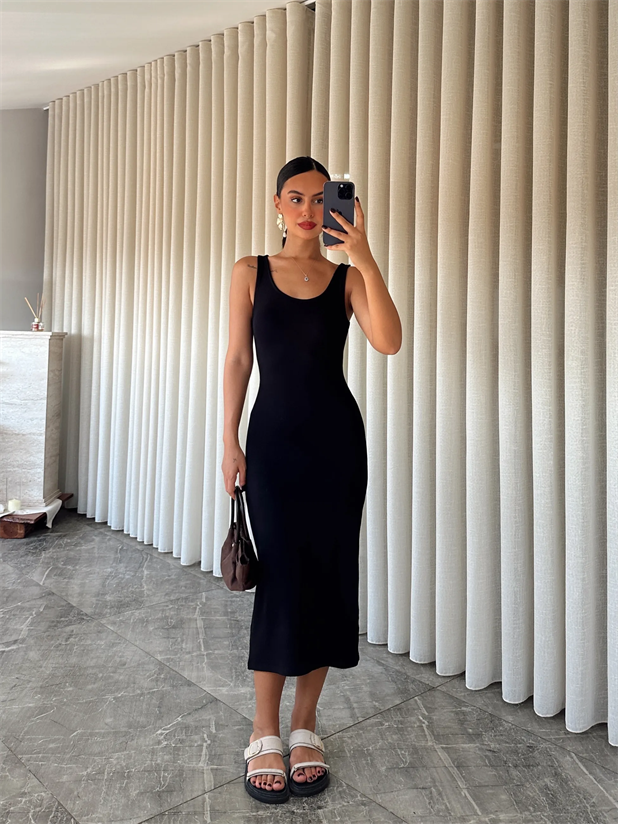 Sıfır Kol Modal Kumaş Elbise - Siyah