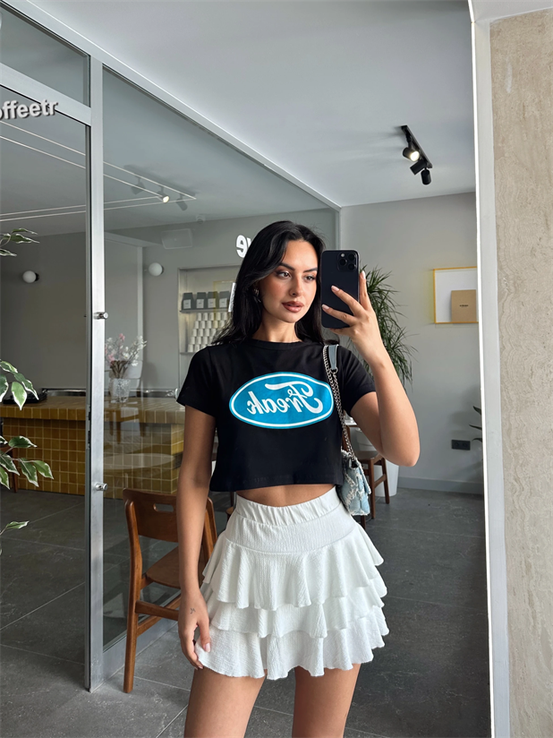 Freak Baskılı Crop Basic - Siyah