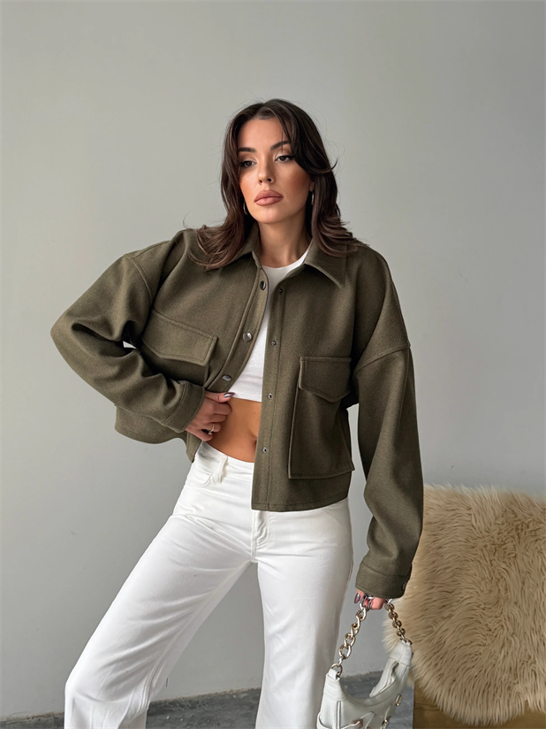 Metal Çıtçıtlı Kaşe Ceket  - Haki