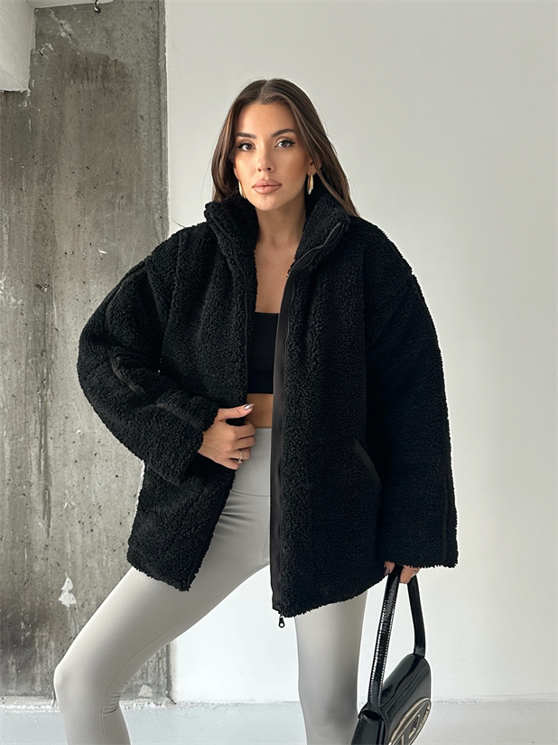 İç Astarlı Oversize Peluş Mont  - Siyah