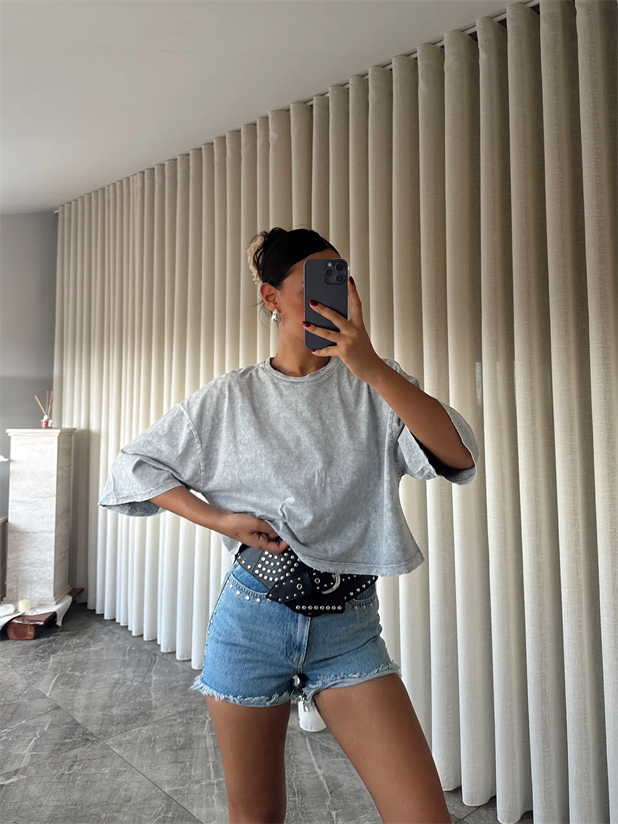 Yıkamalı Düz Crop Basic - Gri