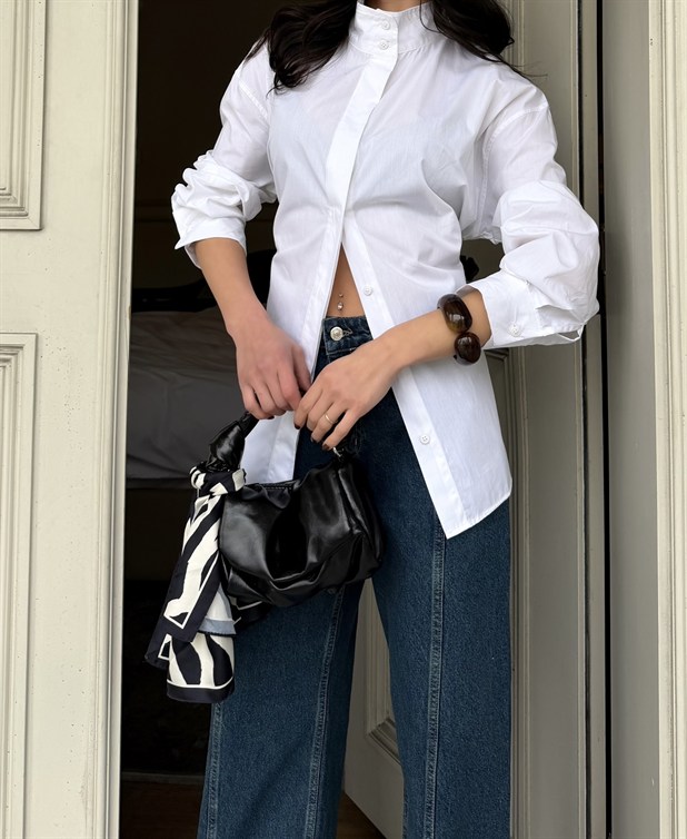 Hakim Yaka Bağlamalı Gömlek - Beyaz