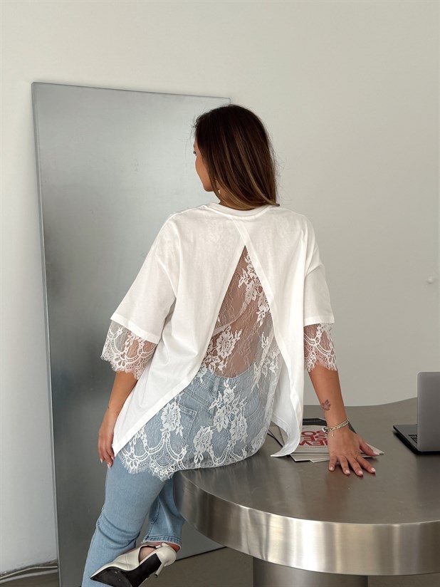 Sırtı Dantel Detaylı T-shirt - Beyaz