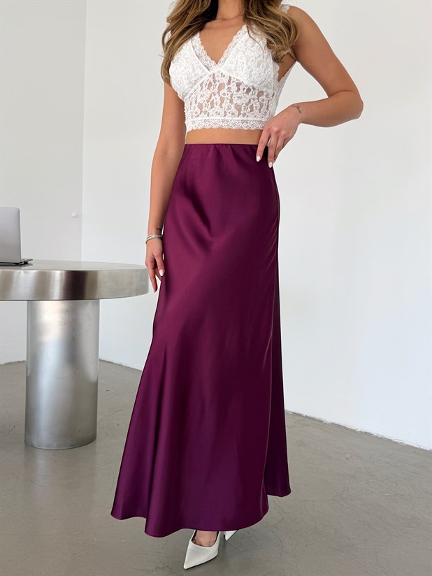 Uzun Krep Saten Etek - Mürdüm