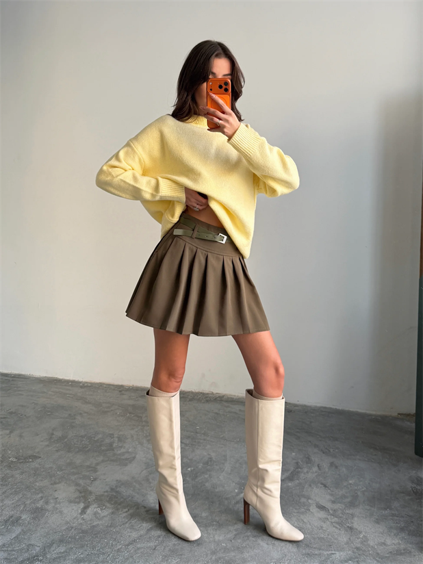 Kemerli Pileli Mini Etek - Haki Yeşil