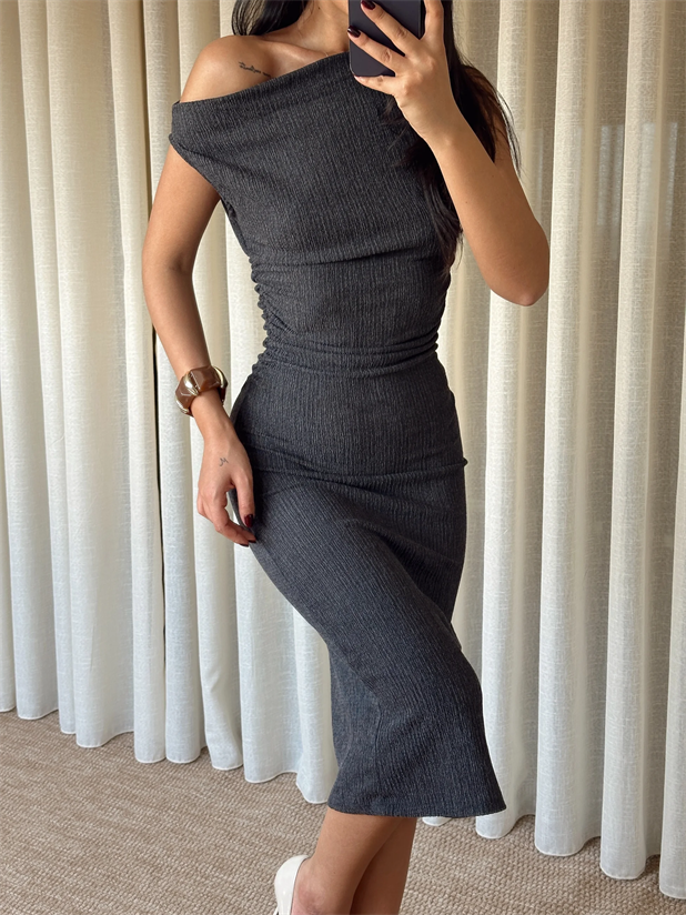 Yanları Drapeli Sıfır Kol Elbise - Antrasit