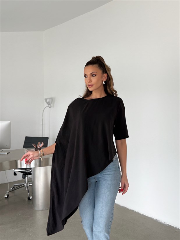 Vatkalı Asimetrik Bluz - Siyah