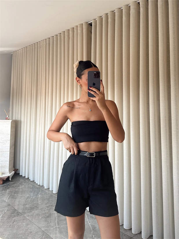 Keten Tek Pile Kemerli Şort - Siyah