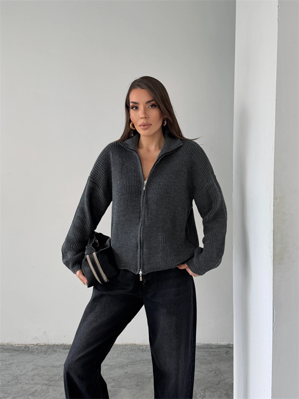 Çift Fermuarlı Triko - Antrasit