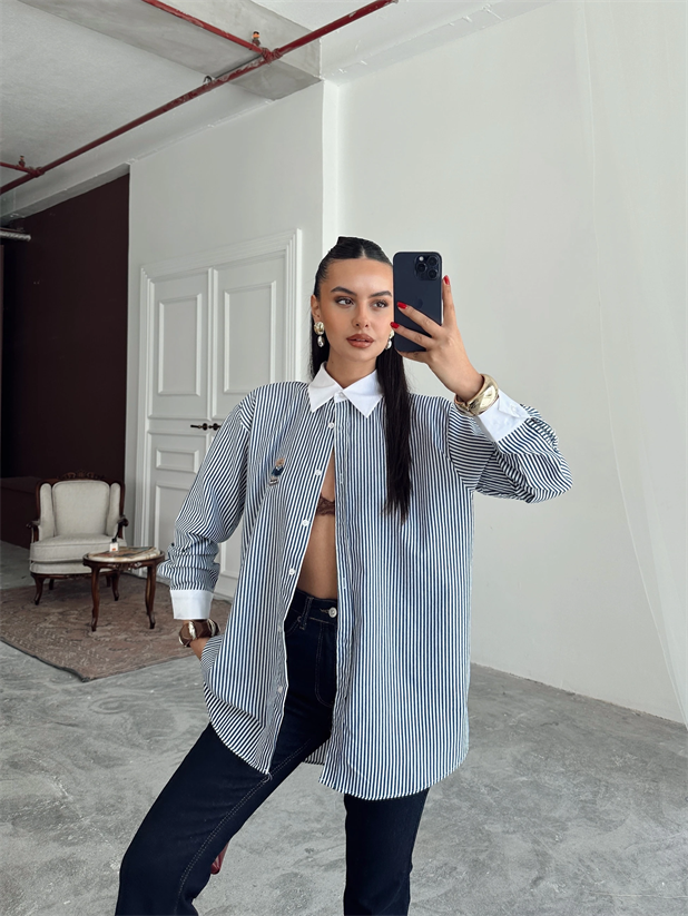 Çizgili Ayıcıklı Gömlek - Lacivert