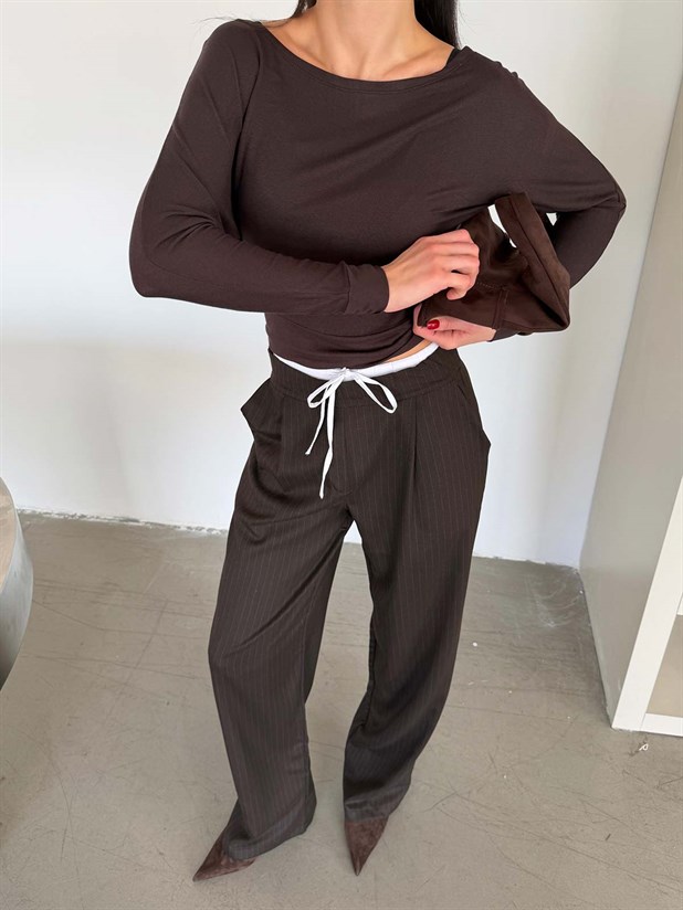 Bel Bağcık Çizgili Palazzo Pantolon - Kahverengi